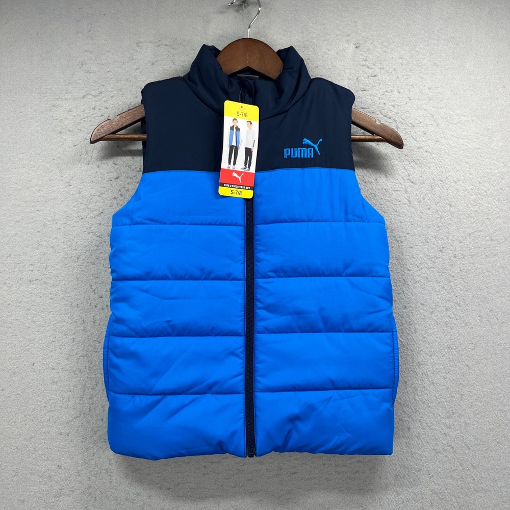 Puma Puffer Vest Kids S 7/8 Blue Navy Quilted Full Zip Sporty Outdoor Gorpcore